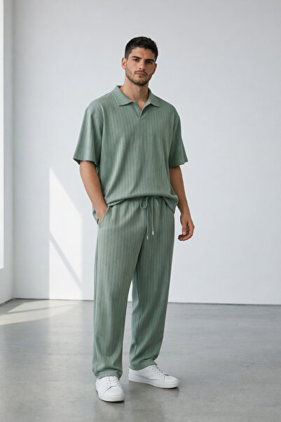 Shine Stone Men's Striped Crepe fabric polo collar tracksuit set