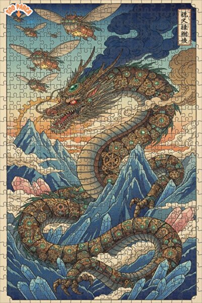 Esranın Dünyası Mechanical Dragon Steampunk Art Double Deck Framed Wooden Puz...