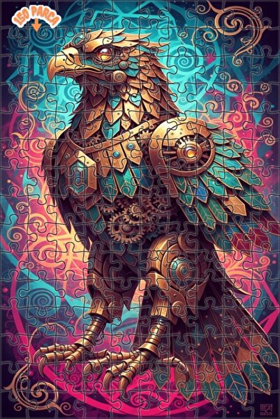 Esranın Dünyası Mechanical Eagle Art Oil Painting Look Double Layer Framed Wo...