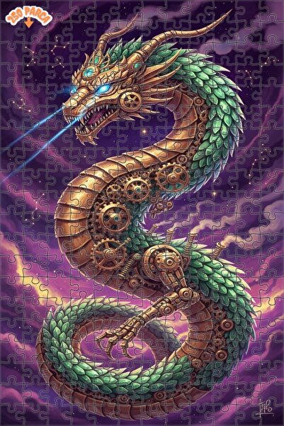 Esranın Dünyası Golden Mechanical Dragon Watercolor Look Wooden Puzzle with D...