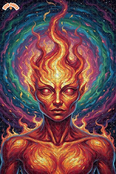 Esranın Dünyası Fire Goddess Oil Painting Look Double Layer Framed Wooden Puz...