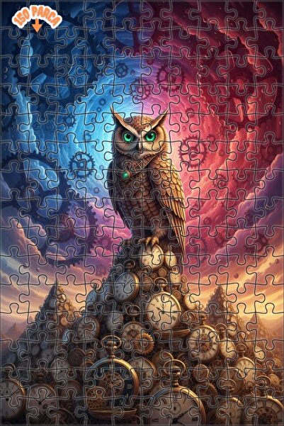 Esranın Dünyası Keeper of Time Owl Steampunk Oil Painting Double-Layer Framed...
