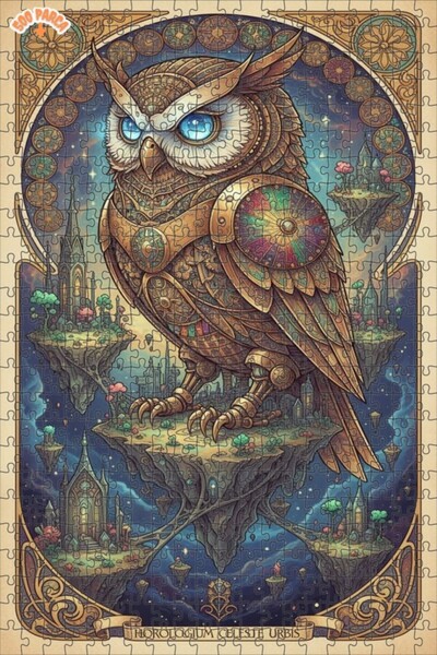 Esranın Dünyası Steampunk Owl Flying Cities Oil Painting Double-Layer Framed ...