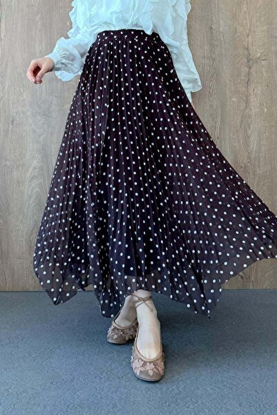 Hazamoda Chiffon Polka Dot Piece Skirt Brown