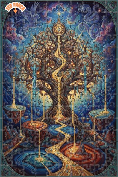 Esranın Dünyası Cosmic Tree of Life Oil Painting Look Double Layer Framed Woo...