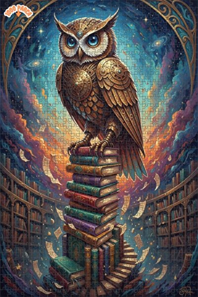 Esranın Dünyası Mysterious Wise Owl Oil Painting Lookalike Double-Layer Frame...