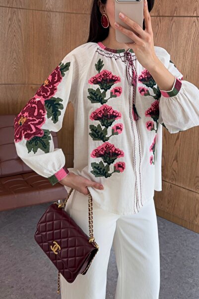 BRTC design Women's Pink Mix Floral Embroidered Balloon Sleeve Shirt