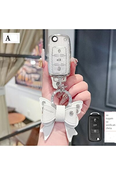 QGC Silver car key cover, with shiny bow, for 3-button key, 0189