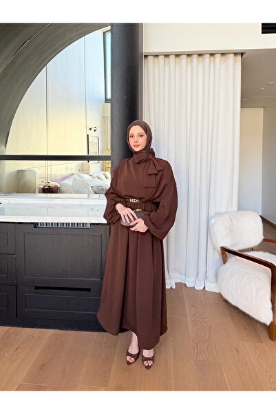 Miraydın Butik Women's Neck Tie-Detail Belt Piece Dress M91113 - Brown