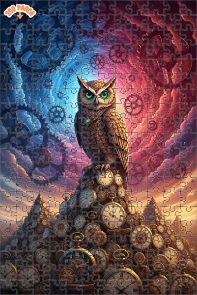 Esranın Dünyası Keeper of Time Owl Steampunk Oil Painting Double-Layer Framed...