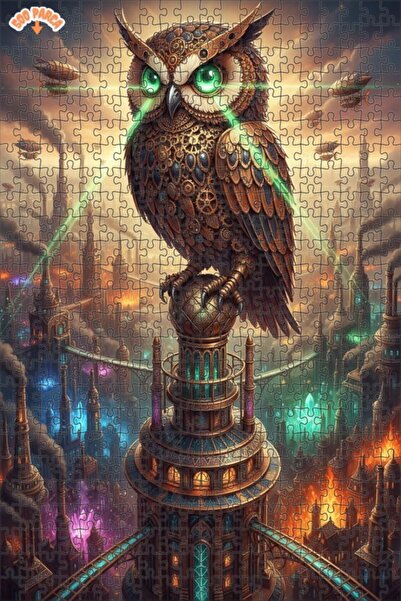 Esranın Dünyası Steampunk Owl Art Double Layer Framed Wooden Puzzle 500 Piece...