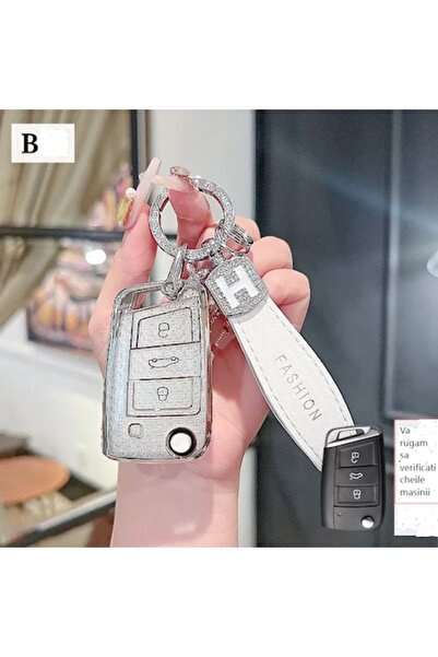 QGC Silver car key case, with leather strap and shiny ring, 0197