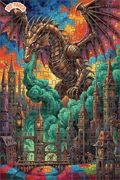 Esranın Dünyası Mechanical Dragon Steampunk City Oil Painting Double-Decker F...