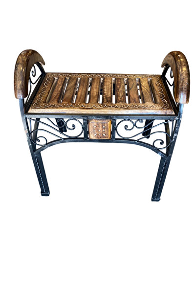 Otantik Çarşı Ahşap Ferforje Oymalı Semer Tabure