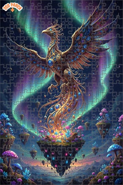 Esranın Dünyası Golden Feathered Phoenix Digital Art Double-Layer Framed Wood...