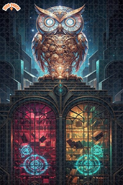 Esranın Dünyası Mechanical Owl Mysterious Library Oil Painting Double-Layer F...