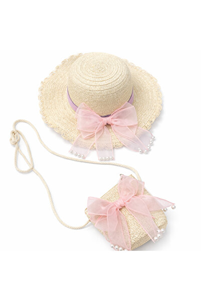 TALKAN Kız Çocuk Hasır Şapka ve Çanta Seti Pudra Fiyonklu İnci Detaylı Yazlık...