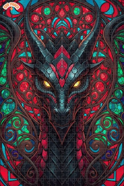 Esranın Dünyası Dragon Art Stained Glass Look Double Layer Framed Wooden Puzz...