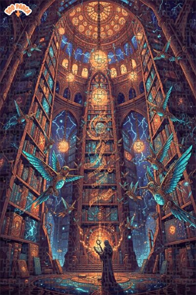 Esranın Dünyası Mysterious Library and Flying Birds Digital Art Double-Layer ...