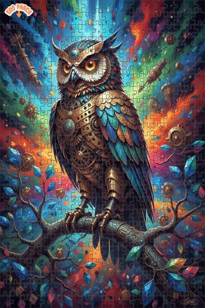 Esranın Dünyası Steampunk Owl Oil Painting Look Double Layer Framed Wooden Pu...