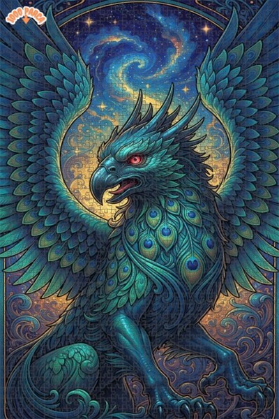 Esranın Dünyası Magical Cosmic Griffin Oil Painting Lookalike Double-Layer Fr...