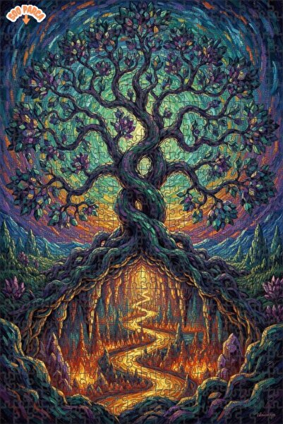 Esranın Dünyası Tree of Life Crystal Leaves Oil Painting Look Wooden Puzzle w...