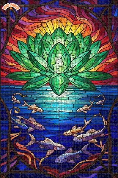 Esranın Dünyası Green Lotus and Koi Fish Stained Glass Look Double-Layer Fram...