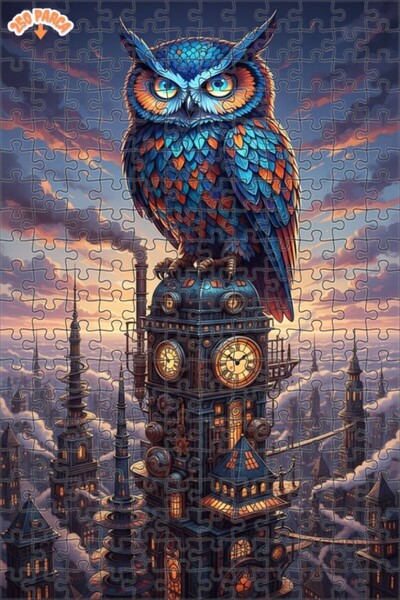 Esranın Dünyası Mysterious Owl Steampunk Cityscape Oily Double-Layer Framed W...