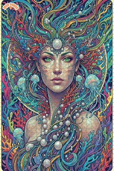 Esranın Dünyası Mermaid Art Oil Painting Look Double Layer Framed Wooden Puzz...