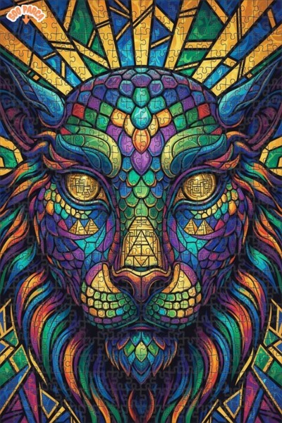 Esranın Dünyası Colorful Roaring Lion Oil Painting Lookalike Mosaic Art Woode...