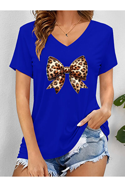 mercoledi Γυναικείο μπλουζάκι με κορδέλα με τύπωμα με λαιμόκοψη V και μανίκια...