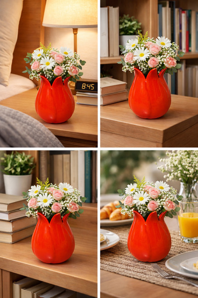 Velorahomee 18 cm Orange Tulip Vase – Modern Decorative Ceramic Flower Vase, ...