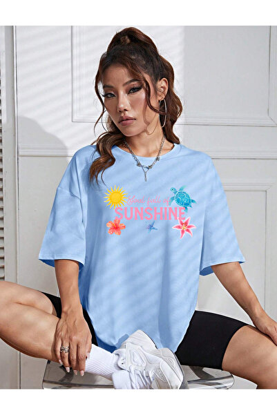 SUNFREE SUMMER YAZ MIX cu imprimeu supradimensionat guler rotund Tricou cu mâ...