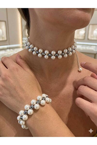 SOSYETEZGAHI Kadın İnci Boncuklu choker Tasma Kolye Bileklik Seti