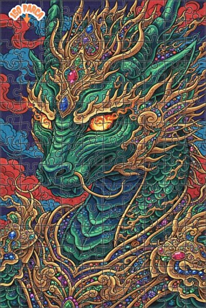 Esranın Dünyası Green Dragon Art Oil Painting Look Wooden Puzzle with Double-...