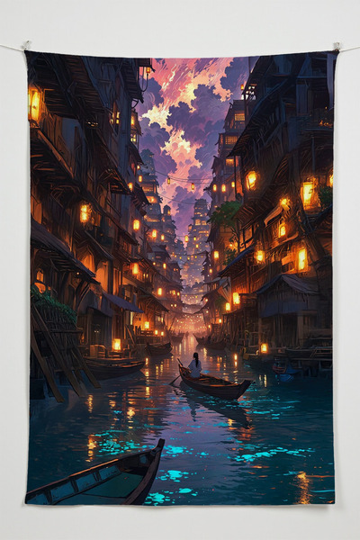 Charmbi River Town Themed Wall Covering – Large Size Tapestry Wall Art Rug Sq...