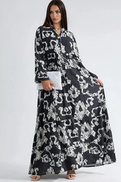 Hiccup Buttoned V-Neck Patterned Maxi Dress