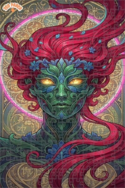 Esranın Dünyası Woman with Red Hair and Green Face Oil Painting Look Wooden P...