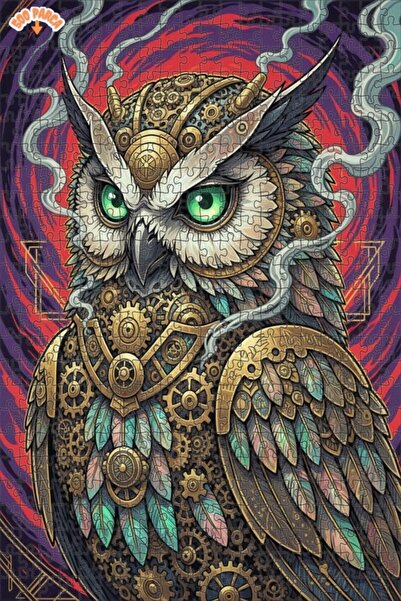 Esranın Dünyası Mechanical Owl Oil Painting Look Double Layer Framed Wooden P...