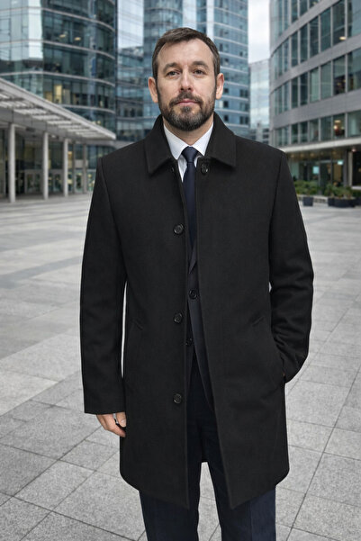 CLAYVIR KAPALI YAKA ,DÜĞMELİ ,DİZ ÜSTÜ KAŞE PALTO -siyah