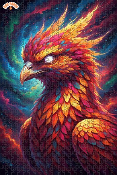 Esranın Dünyası Legendary Phoenix with Flame Wings Oil Painting Look Wooden P...