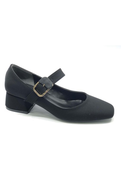 KOCAMANLAR Feles Rondir Detailed Blunt Toe Heeled Women's Shoes Black-Satin
