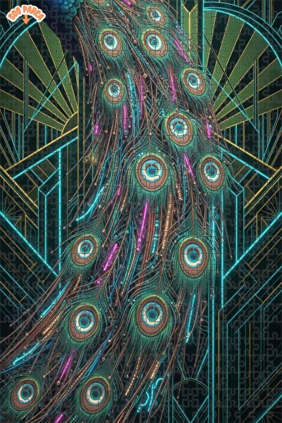 Esranın Dünyası Showy Peacock Feathers Art Deco Art Print Double-Layer Framed...