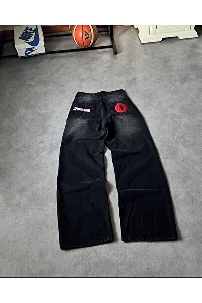 Bravebell Black Washed Baggy Fit Spider Embroidered Pants
