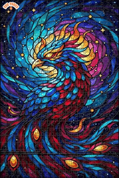 Esranın Dünyası Magnificent Phoenix Stained Glass Look Double-Layer Framed Wo...