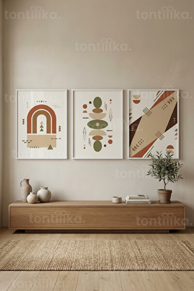 Tontilika Bohem Soyut Geometrik Formlar 3’lü Ahşap Çerçeveli Tablo Seti