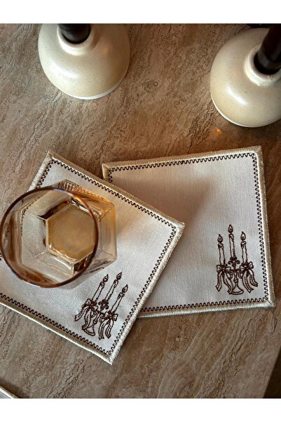 LİONYA DESİGN 6 Adet Şamdan Nakışlı Kahve ve Kokteyl Sunum Peçetesi - 14x14