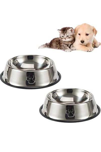 Dalian Home 2 Adet Paslanmaz Çelik Mama Ve Su Kabı, Alt Taban 16 Cm Kedi Mama...