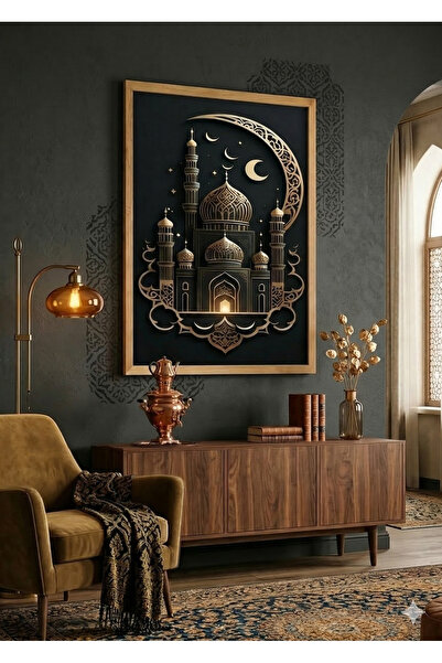 nuvim 3D Camii ve Hilal Tablo – 3 mm Ahşap UV Baskı İslami Duvar Dekoru Çerçe...
