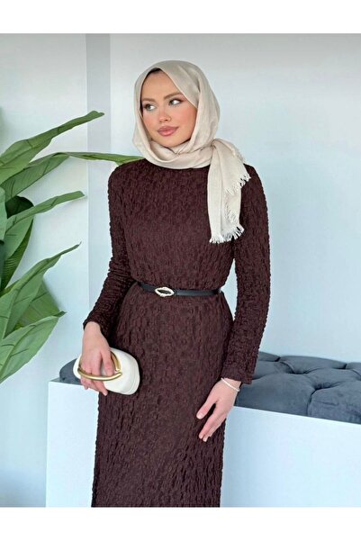 Butik Kahverengi Dantel Detaylı Kemerli Uzun Elbise